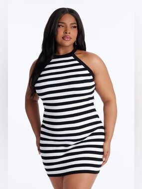 Black and White Striped Strapless Bodycon Dress